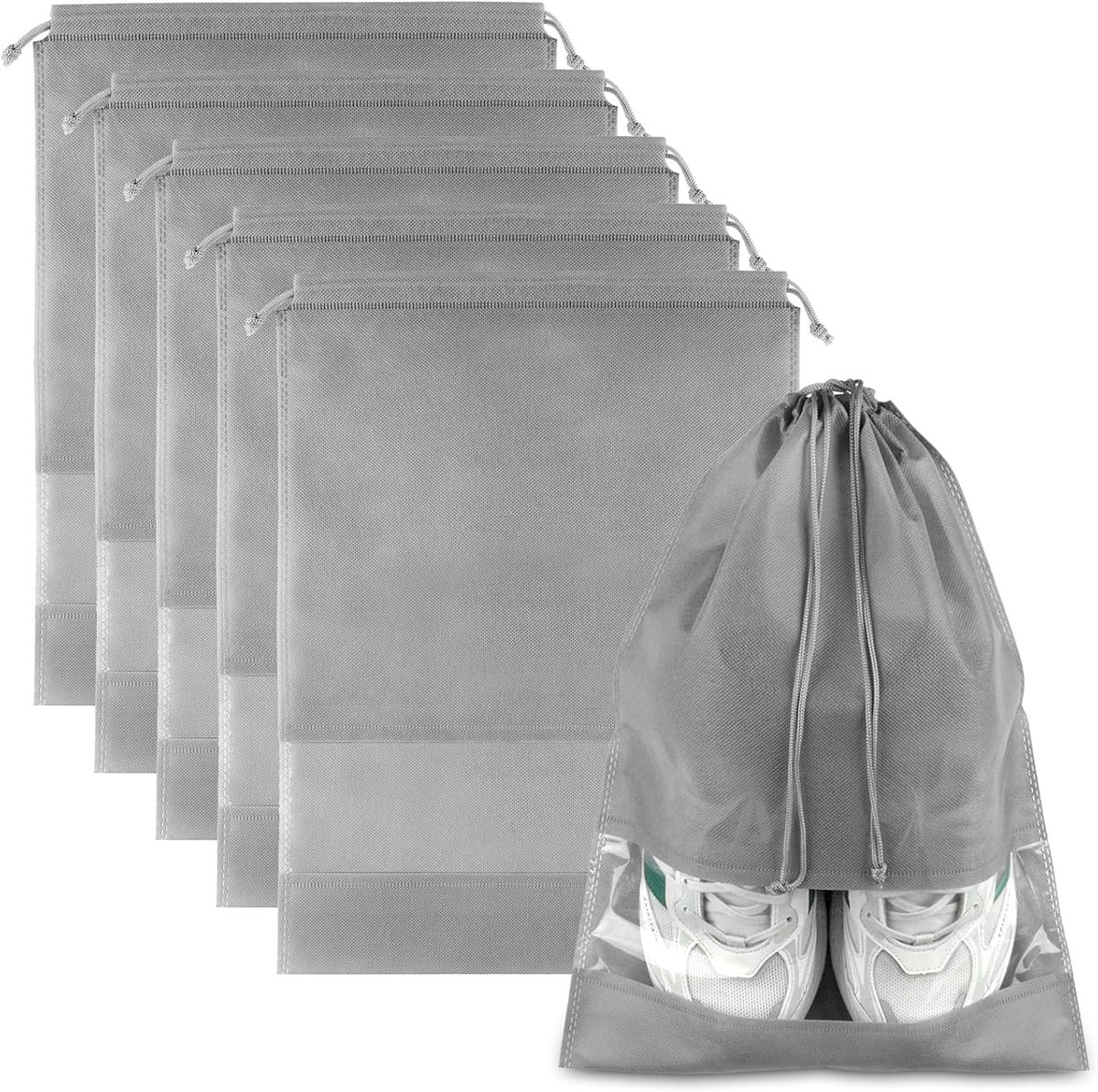 5-pack - 12,6 x 17,3 inch grijze grote reistas voor schoenen - opbergtas met trekkoord van niet-geweven stof - unisex - transparant zichtbaar