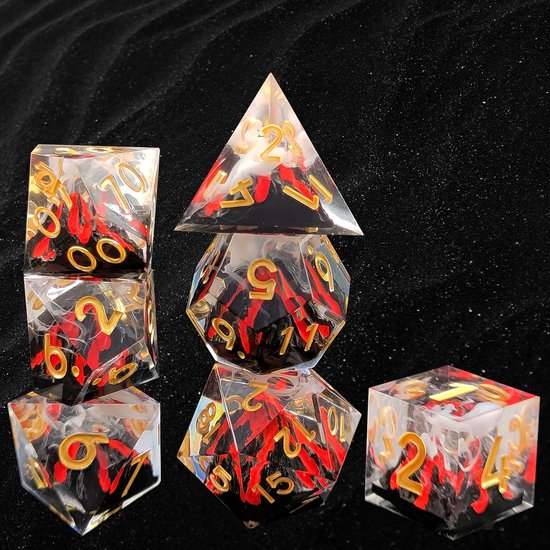Ensemble de dés Joya Kids® Dungeons and Dragons | Set de Dés DnD Polydice | Ensemble de dés D&D | Ensemble de 7 pièces en résine | Coffre de rangement de Luxe inclus | Volcan en éruption | Vulcano