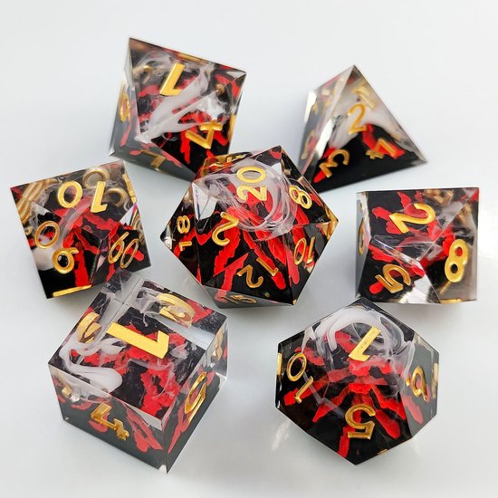 Ensemble de dés Joya Kids® Dungeons and Dragons | Set de Dés DnD Polydice | Ensemble de dés D&D | Ensemble de 7 pièces en résine | Coffre de rangement de Luxe inclus | Volcan en éruption | Vulcano