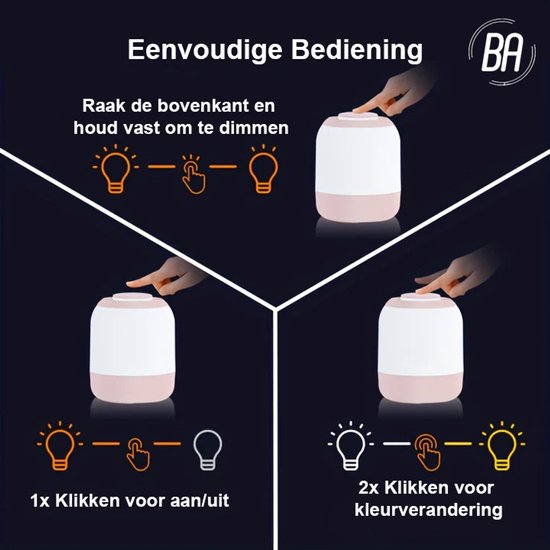 Best Active Touch Nachtlampje - Dimbaar en Oplaadbaar via USB-C - Draadloze Nachtlamp - 3 Lichtkleuren - LED - Camping Lamp - Tafellamp - Slaapkamer Lamp - Leeslamp - Wit van Merkloos — afbeelding 3