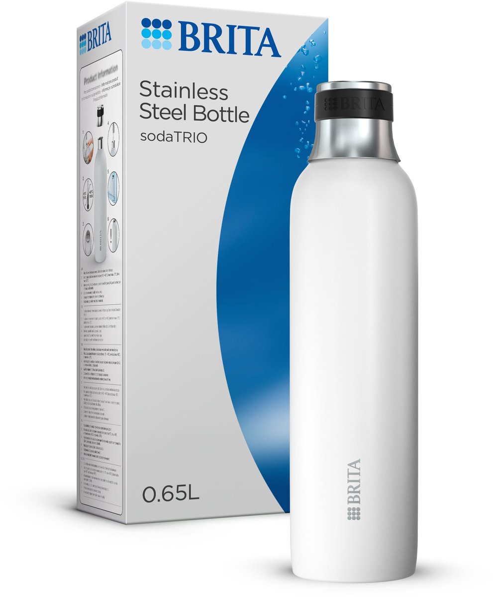 BRITA sodaTRIO kleine thermofles RVS - Wit - RVS fles wit (0.65L) voor gebruik met de bruiswatermachine sodaTRIO - Dubbelwandige geïsoleerde premium roestvrijstalen fles met antislip ring