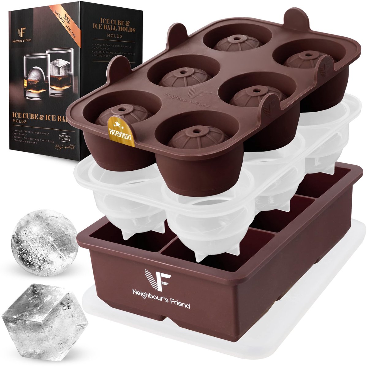 Neighbour's Friend XXL Ijsblokjesvorm met Deksel, Ijsblokjesvormen Rond, XXL Ijsblokjes vorm voor Whisky, Rum en Cocktails, 6 x Grote Ijsblokjes, Duurzame Platina Siliconen Ijsblokjesvorm, Vaatwasserbestendig