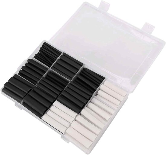 Opbergdoos met zwarte en witte krimpkousen van verschillende formaten.