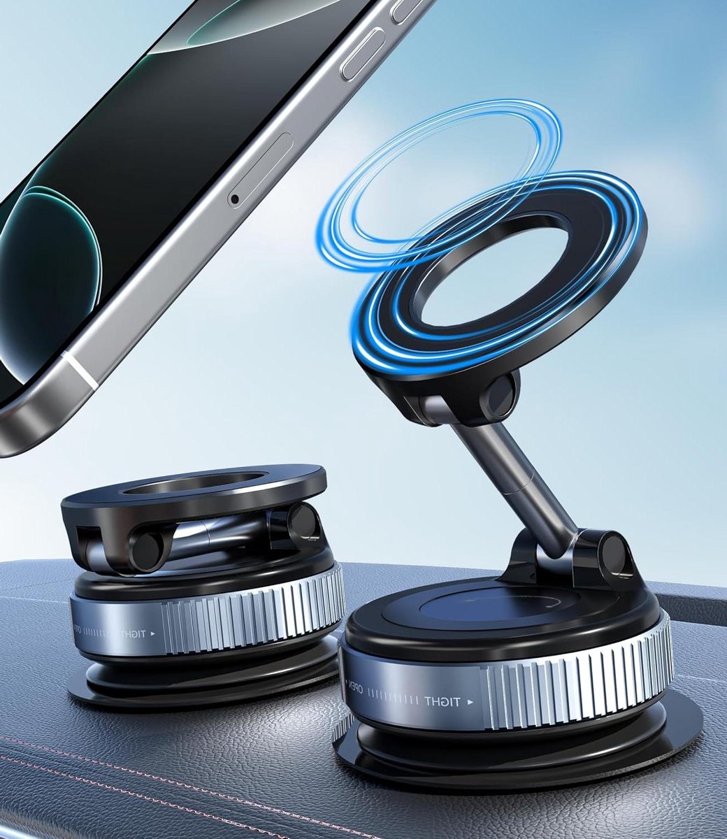 Vacuum Suction Car Magnetic Phone Holder - 360° Adjustable and Foldable - Black