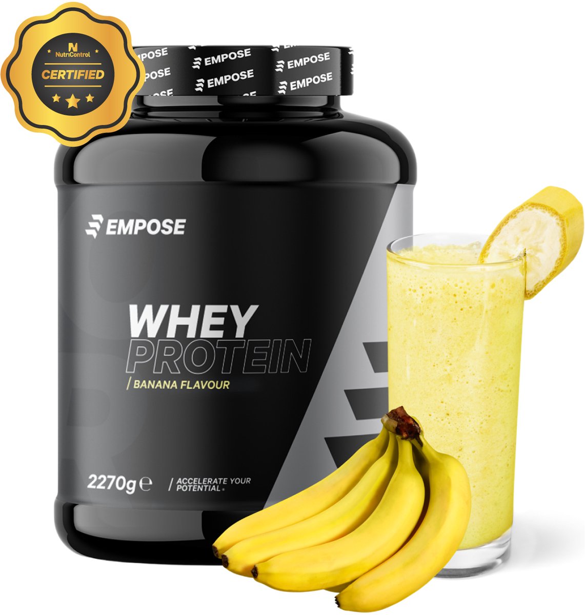 Goedkoopste Empose Nutrition Whey Protein - Proteine Poeder - Proteïne Shake - Eiwitpoeder - Eiwitshakes - Banaan - 2270 gram - 76 doseringen