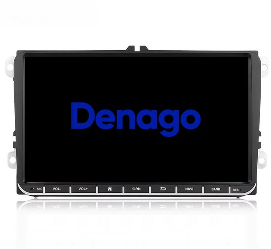 Zwart Denago autoradio scherm met blauw logo.