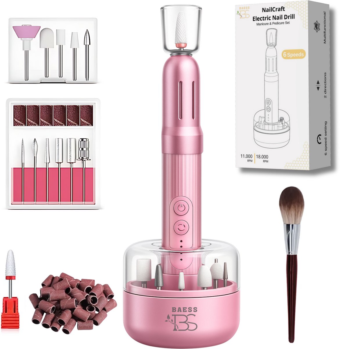 Elektrische Nagelvijl - Draadloze Nagelfrees met Oplaadstation - Manicure en Pedicure set - Nagelboor - Nagelboor - 12 Bitjes en 35 Schuurrollen - Nail Drill - Roze
