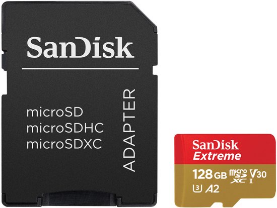 SanDisk microSD-kaart met adapter. De kaart is rood en goudkleurig met "SanDisk Extreme" erop.