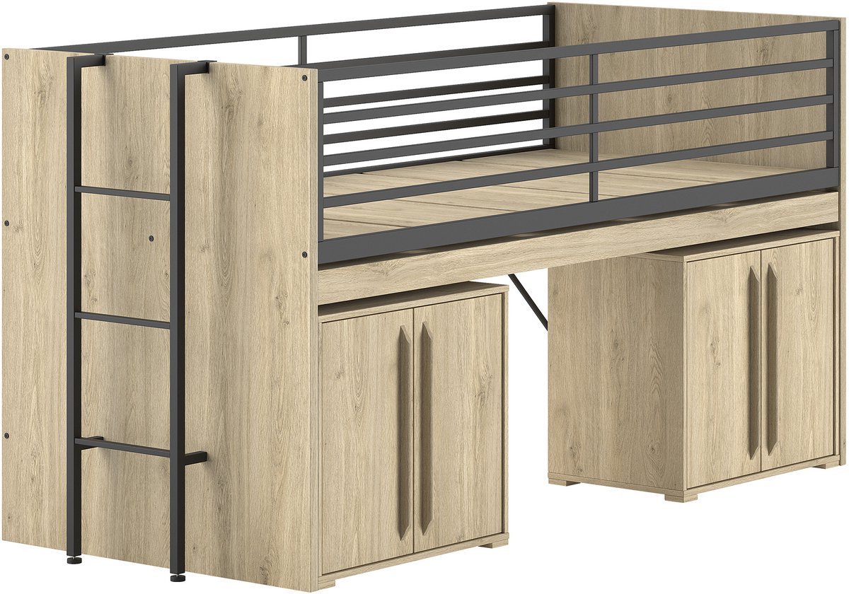 Halfhoogslaper Sammie 90x200cm - Met Bureau En Commodes - Eikdecor - Vipack - Halfhoogslaper - Bruin - Metaal; Spaanplaat Eenpersoons Halfhoogslaper