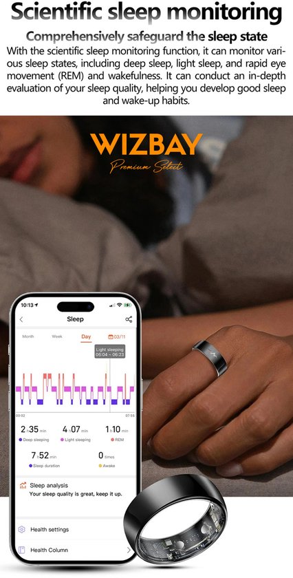 Zwarte ring met gebogen lijn en mobiele telefoon die slaapanalyse toont. De ring is opengewerkt.