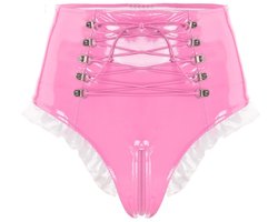 BamBella® Slip Onderbroek - Maat S/M - Erotische Sexy BDSM Lingerie Dames - Roze rits ondergoed Datex mix latex en stof wetlook open kruis