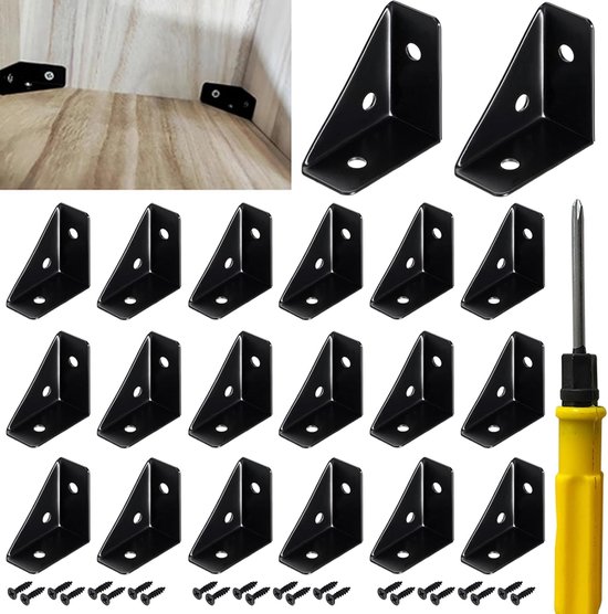 Connecteurs d'angle 20 pièces - connecteurs d'angle en métal - noir - bord de lit de bureau - coin de meuble - 90 degrés - support de connexion avec 40 vis - 1 tournevis