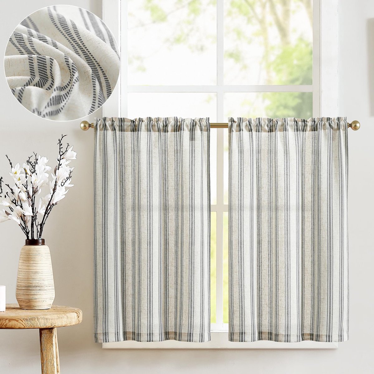 Ibenzoa Luxe Semi-transparante Linnen Vitrage met Gestreept Design voor Kleine Ramen in Huis, Set van 2 Stuks, 65 B x 60 H cm, Zwart op Beige