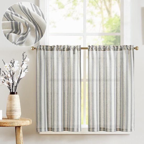 Rideaux semi-transparents en lin de Luxe Ibenzoa® à Design pour petites Fenêtres , Set de 2, 65 l x 60 h cm, Zwart sur beige