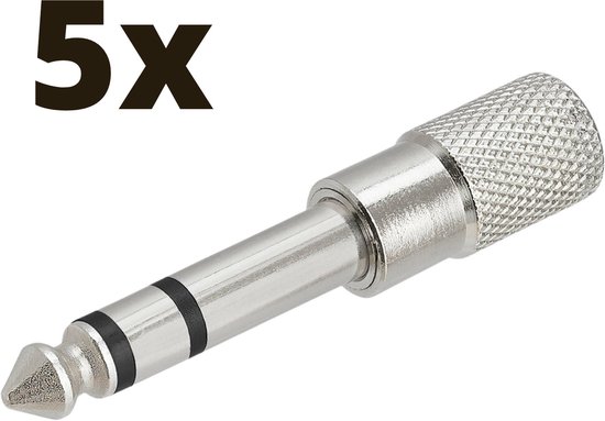 Set van 5 zilverkleurige metalen stereo 6.35mm male naar 3.5mm female adapters.