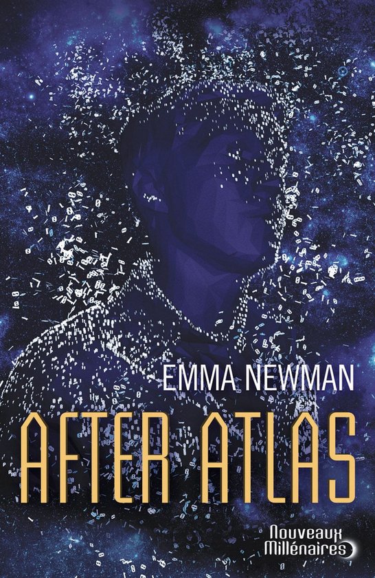 Livre 'After Atlas' par Emma Newman. La couverture montre la silhouette d'une personne sur fond sombre et étoilé, recouverte de chiffres et symboles blancs.