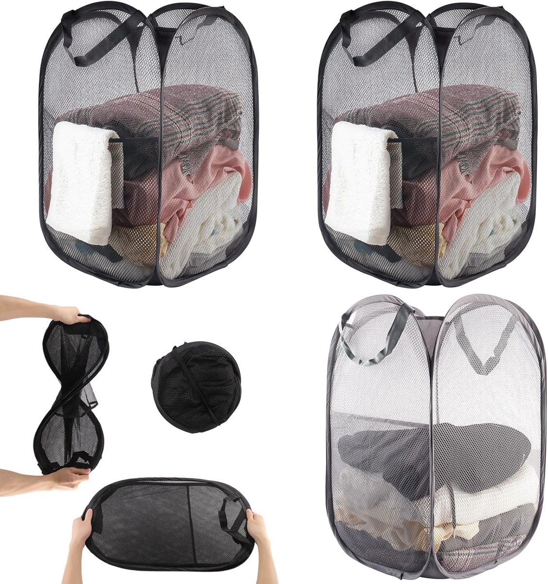 Opvouwbare wasmand in 3-pack - Opbergmand voor kleding - 2 zwarte, 1 grijze mesh - 36x36x58cm pop-up met handvat - Opbergmand voor vuile was voor badkamer, kamperen, reizen - Draagbaar en ruimtebesparend - met zijvakken