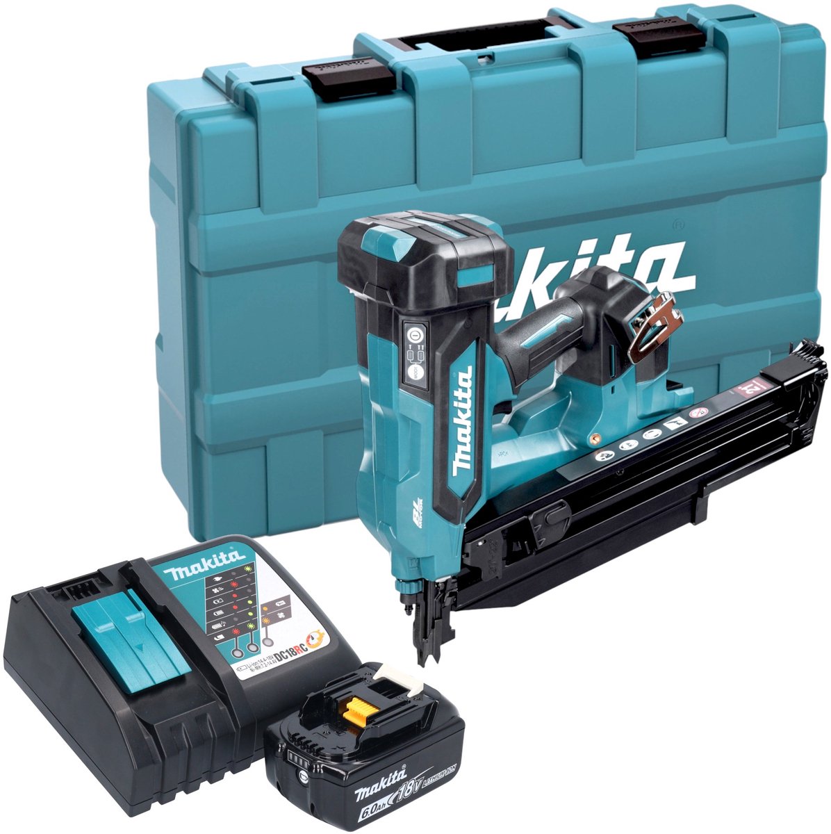 Makita DBN 901 RG1K accu-spijkermachine 18 V 50 - 90 mm borstelloos + 1x accu 6,0 Ah + oplader + koffer