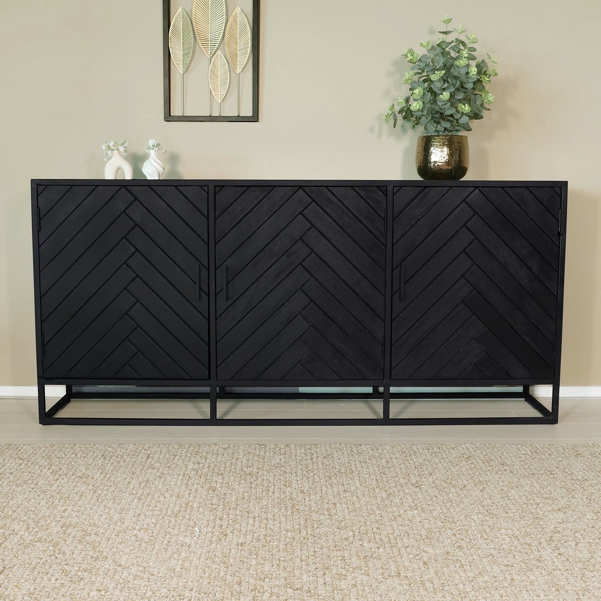 Dressoir visgraat mangohout 180cm zwart Lita industrieel duurzaam mango kast