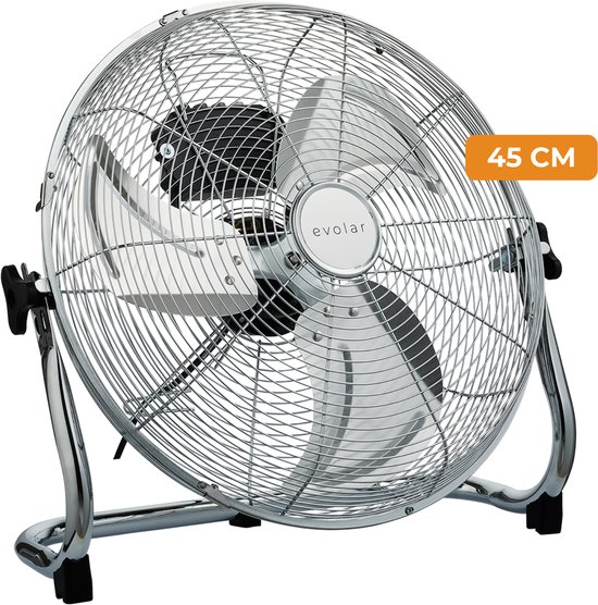 Vloerventilator XL 45 cm 100W met 3 standen, verstelbare kantelhoek, metalen chroom behuizing – Evolar EVO-MFF18C