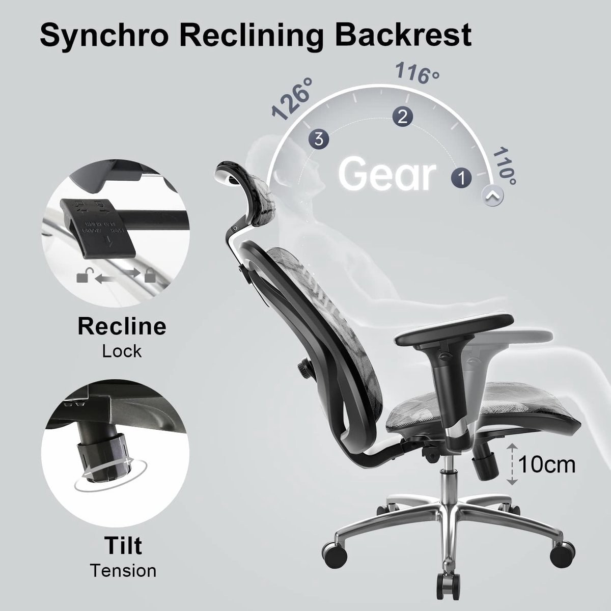 SIHOO M57 Ergonomische Bureaustoel met 3D-Armleuningen&Verstelbare Lendensteun-Premium Mesh Design voor Kantoor/Thuiswerken - 150kg Draagvermogen-8cm Hoogteverstelling-3 Standen Kantelmechanisme (110°/116°/126°)-SGS/BIFMA Gecertificeerd——Donkergrijs – foto 5