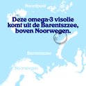 Kaart met kaart van de Barentszzee en Noorwegen, met tekst over de herkomst van de visolie.