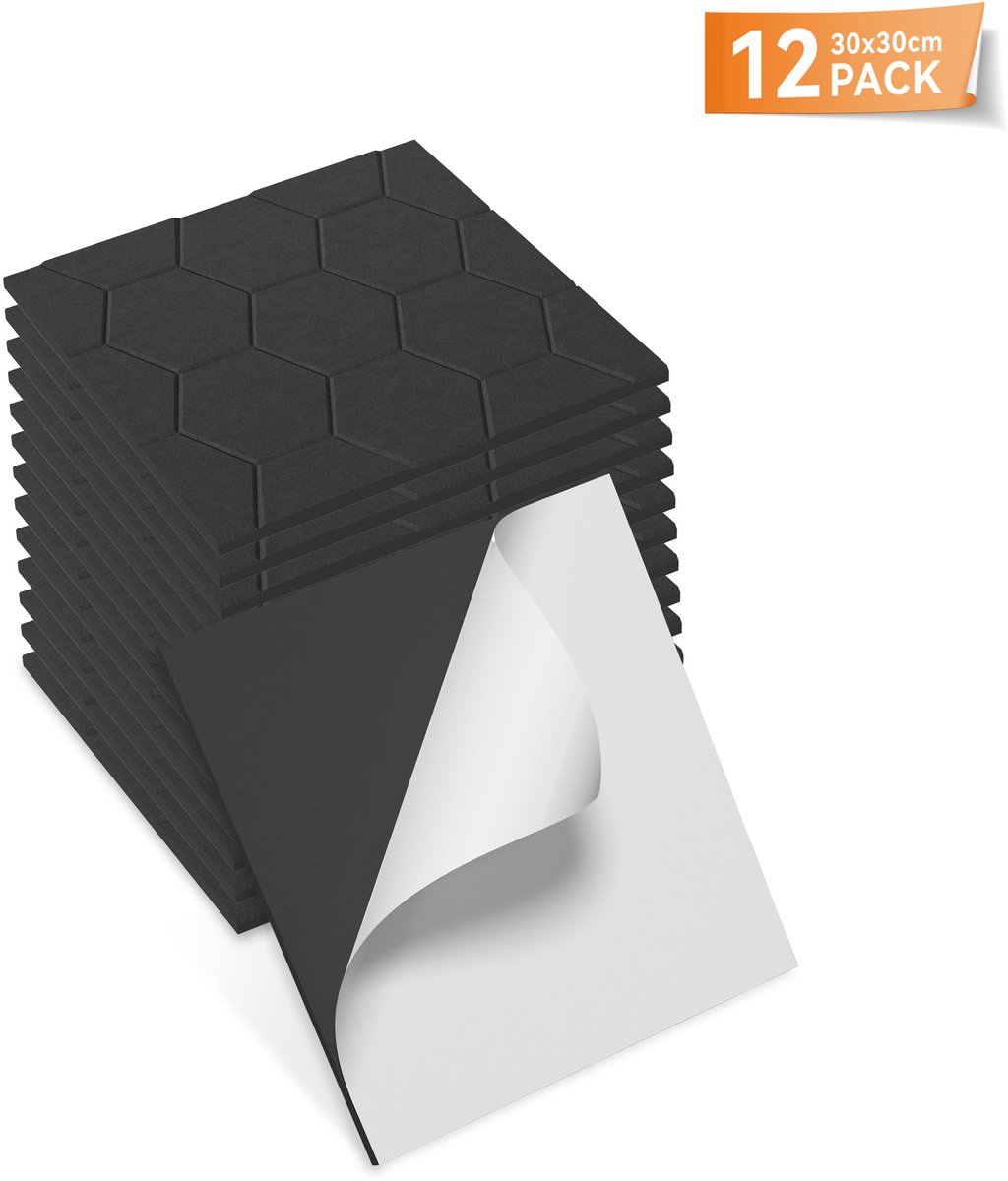 Aufun Honingraat Akoestische Panelen, Zelfklevende Wandbekleding (Zwart, 12 Strips)