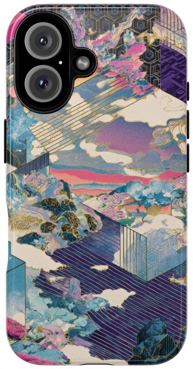 Abstracte Geometrische Landschap met Roze Bomen – Telefoonhoesje Geschikt voor iPhone 16
