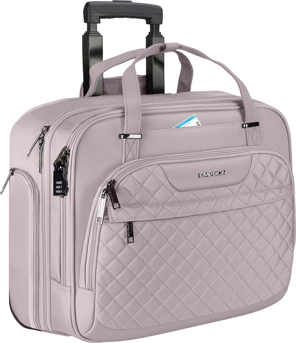 WNHB® Trolley Laptoptas op Wielen voor Dames - Geschikt voor 15.6 Inch - Rollende Laptopkoffer Waterafstotend met RFID-Vakken - Roze