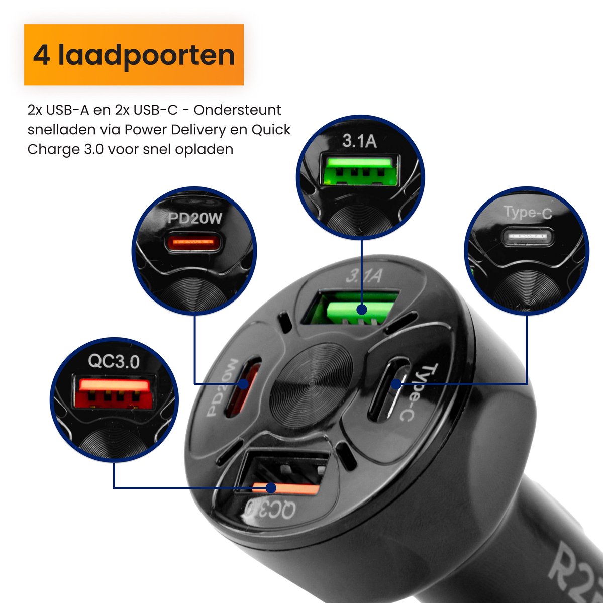 R2B Autolader 4-poorts USB-C & USB-A Snellader thumbnail 3