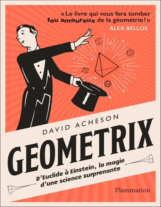 Boekomslag van "GEOMETRIX" met een illustratie van een man in smoking die een hoed opgooit, met geometrische vormen en tekst.