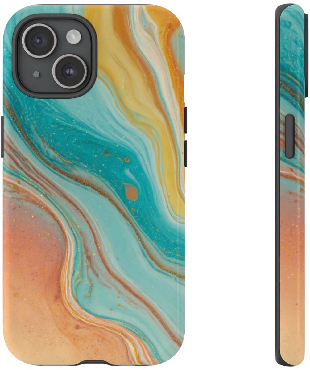 Oranje en Teal Marmer Abstract – Telefoonhoesje Geschikt voor iPhone 15