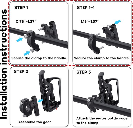 Fietsbidonhouder voor stuur en frame, geschikt voor bidonhouders met een diameter van 2-2,75 inch, fietsbidonhouder met schroefgereedschap, geschikt voor scooters, boten, kinderwagens en rolstoelen (zwart) — afbeelding 5
