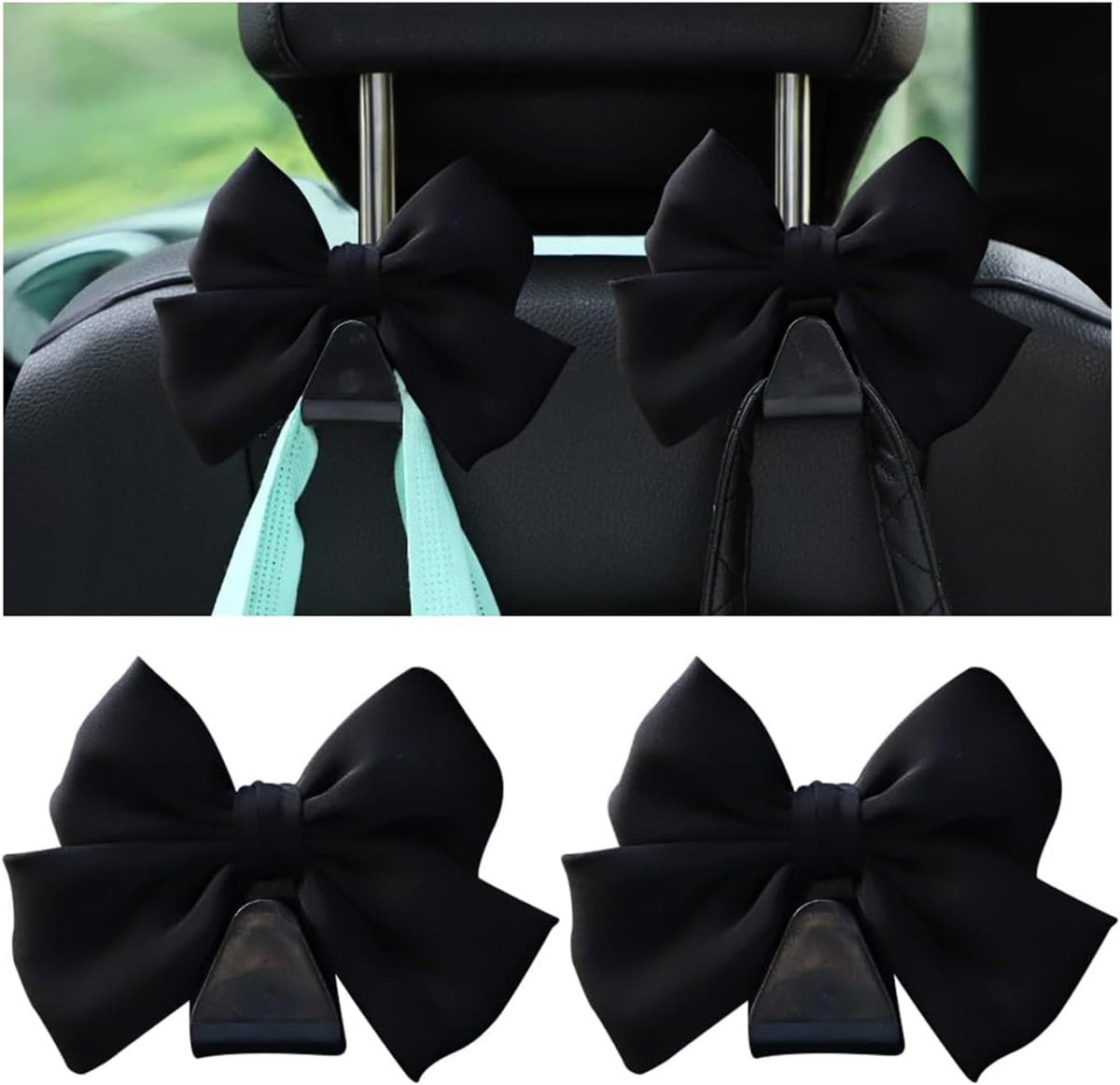 Image of 2 stuks zwarte hoofdsteunhaken - praktische dubbele haak voor tassen - schattige strik-autohaken - lederen bagagehaak - opberghaak - interieuraccessoires voor auto