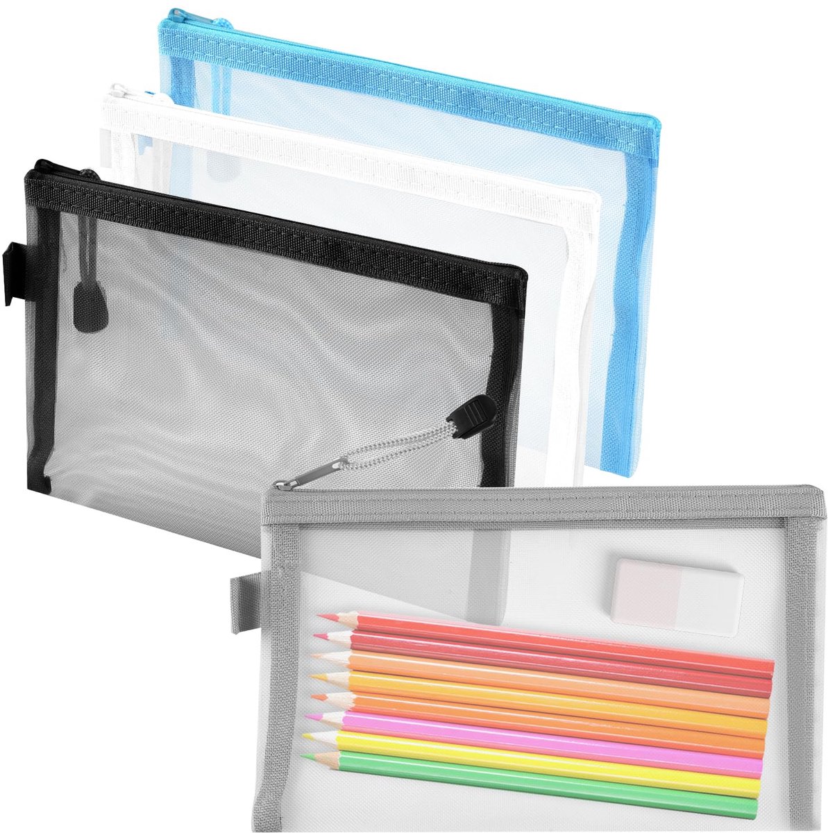 4x Pennenzak - Transparant Mesh Etui - Klein Opbergtasje voor School
