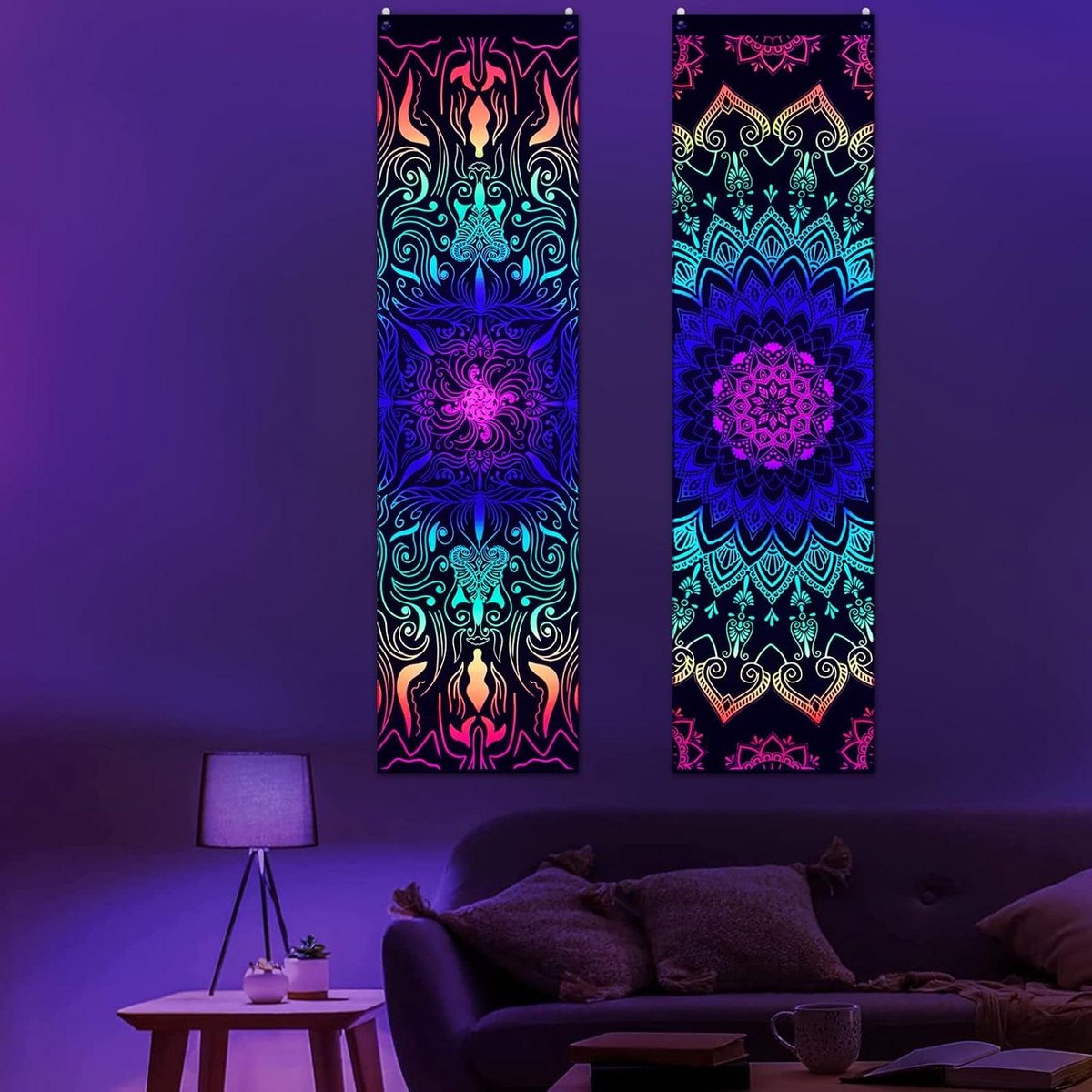 Allecto plus - Blacklight Mandala wandkunst UV reactief Boheemse Indiase pauw trippy hippie wandtapijt 120x325cm voor slaapkamer woonkamer