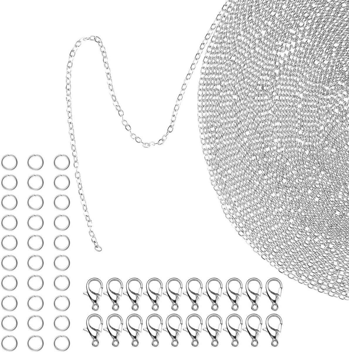**Allecto plus - Zelf maken set voor 10 meter zilveren kettingen met karabijnsluitingen en buigringen - Roestvrij staal sieraden knutselset**