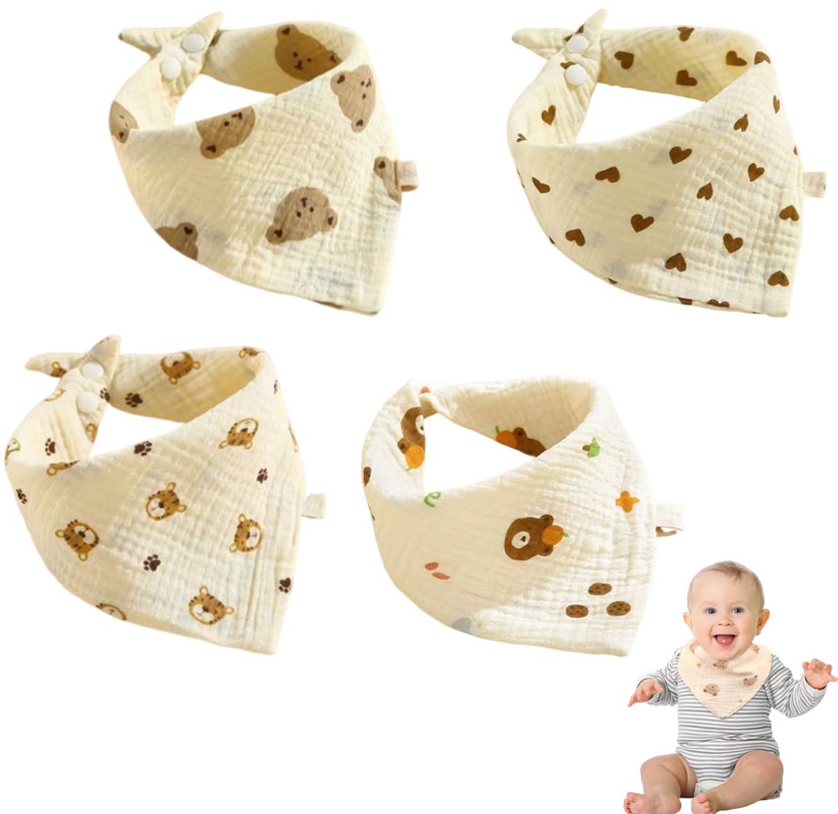 4 Stuks Baby Slabbetjes - Katoenen Driehoekige Sjaaltjes - Voor Doorkomende Tandjes, Kwijlen en als Nekwarmer