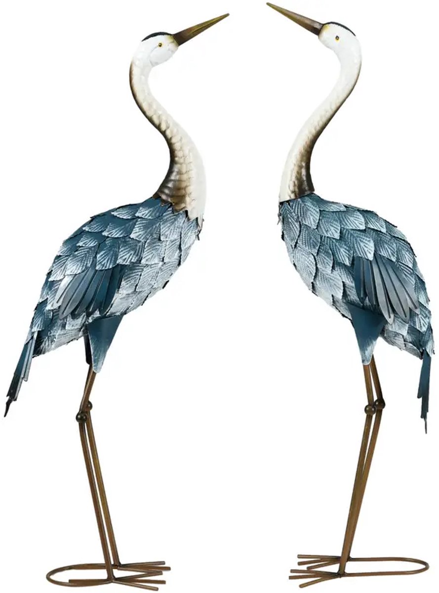 Metalen vogel kraanvogel reiger Set van 2 Kraanvogel Tuinbeelden – Metaal – Blauw/Wit – 72 cm