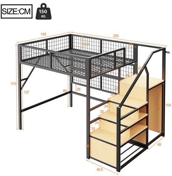 Pugsdrly Lit en fer 140*200 cm Lit mezzanine Convient aux enfants et aux adolescents Structure en métal Design polyvalent Avec échelle de rangement Avec armoire ouverte Bandes lumineuses LED contrôlées par application Zwart