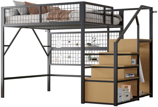 Pugsdrly Lit en fer 140*200 cm Lit mezzanine Convient aux enfants et aux adolescents Structure en métal Design polyvalent Avec échelle de rangement Avec armoire ouverte Bandes lumineuses LED contrôlées par application Zwart