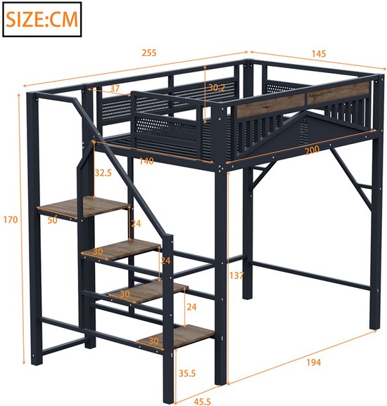 Lit mezzanine en métal Pugsdrly 140 x 200 cm Boîtier unique avec design de fenêtre Avec échelle de sécurité Beaucoup d'espace de rangement sous le lit Zwart