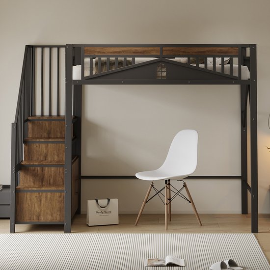 Lit mezzanine en métal Pugsdrly 90 x 200 cm, enceinte de sécurité unique avec fenêtre, échelle de sécurité avec armoire, noir