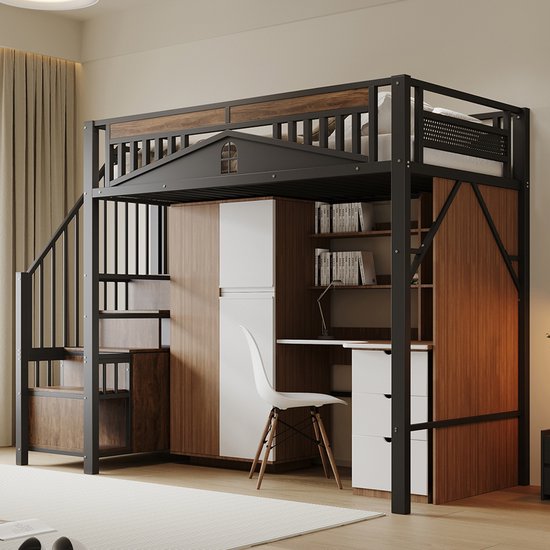 Lit mezzanine en métal Pugsdrly 90 x 200 cm, enceinte de sécurité unique avec fenêtre, échelle de sécurité avec armoire, noir