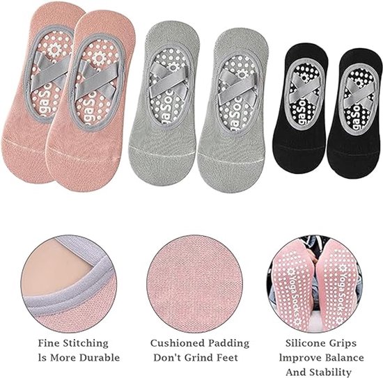 3 paar - Antislip yogasokken - Yogasokken - Antislip pilatessokken - Antislipzool - Met antislipbandjes - Ademend - Comfortabel - Roze, Zwart, Grijs - Geschikt voor Pilates, Fitness, Ballet, Thuisworkouts van Merkloos — afbeelding 4