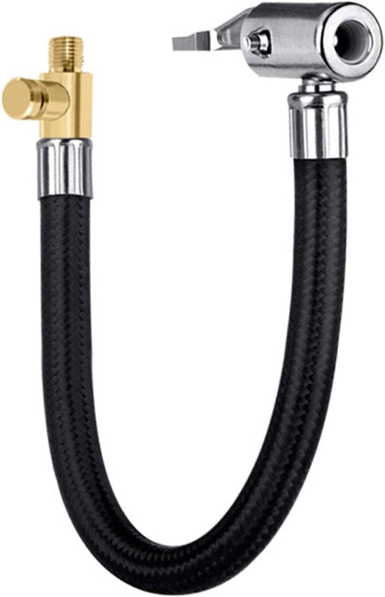 Zilverkleurige bandenpomp met zwarte gevlochten slang en metalen koppelstukken, waaronder een gouden ventiel.