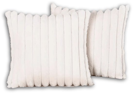 Set van 2 Sierkussens 50x50 cm Wit | Dubbelzijdig Luxe Ribstof | Inclusief binnenkussens | Fluffy, Zacht, Pluche, Teddy | Sierkussenset | Kussenset Bank binnen, Woonkamer | Decoratie kussens