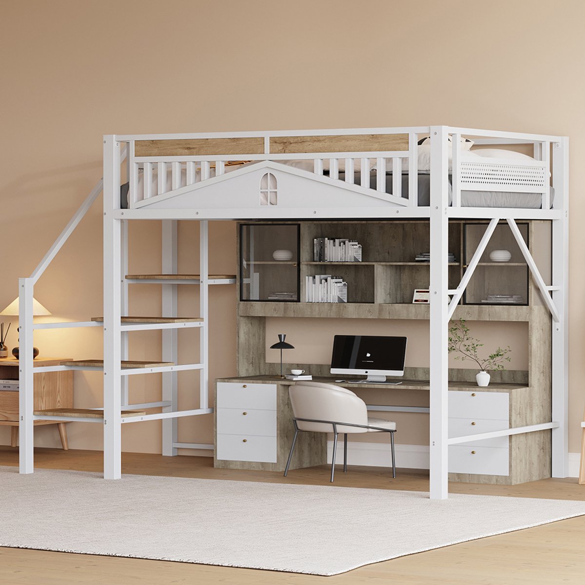 Lit mezzanine Pugsdrly, 140 x 200 cm, lit en métal, avec lampes LED, bureau, 1 tiroir Lit mezzanine Pugsdrly, 140 x 200 cm, lit en métal, avec lampes LED, bureau, 1 tiroir