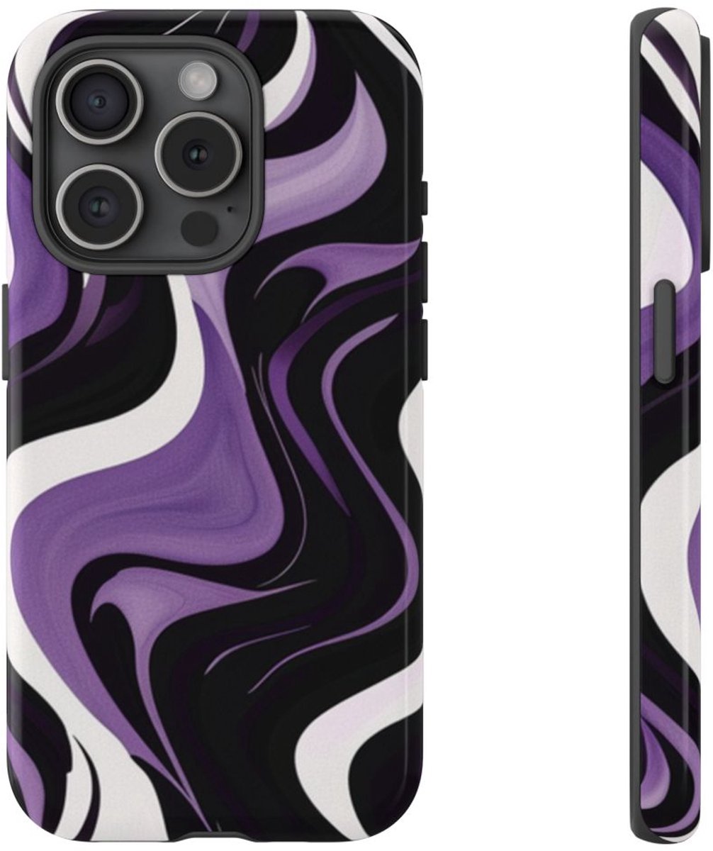 Zwart-Wit-Paarse Golvende Abstracte Print – Telefoonhoesje Geschikt voor iPhone 15 Pro