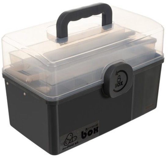 Grijze medicijnkist met transparant deksel, handvat, slotje en logo 'MEDICAL KIT'.